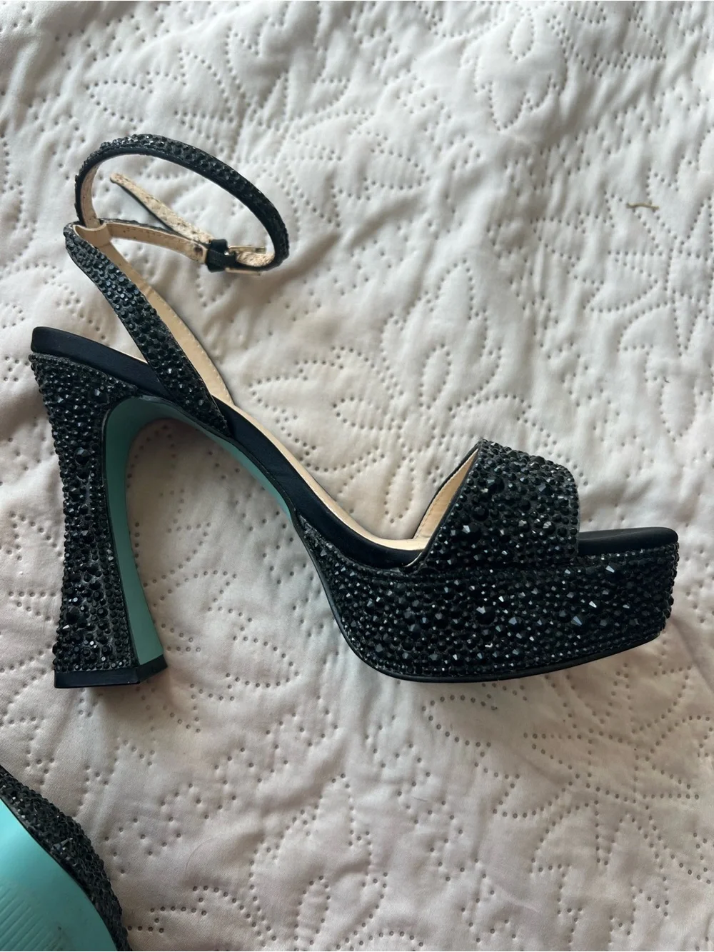 Betsey Johnson Black Beaded Platform Ankle-Strap Heels